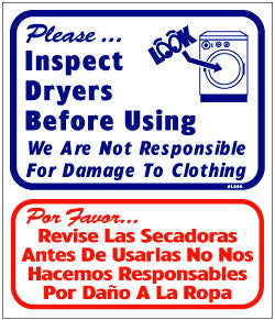 INSPECT DRYERS BEFORE USING, WE ARE NOT RESPONSIBLE FOR DAMAGE 13.5 X 16 BILINGUAL